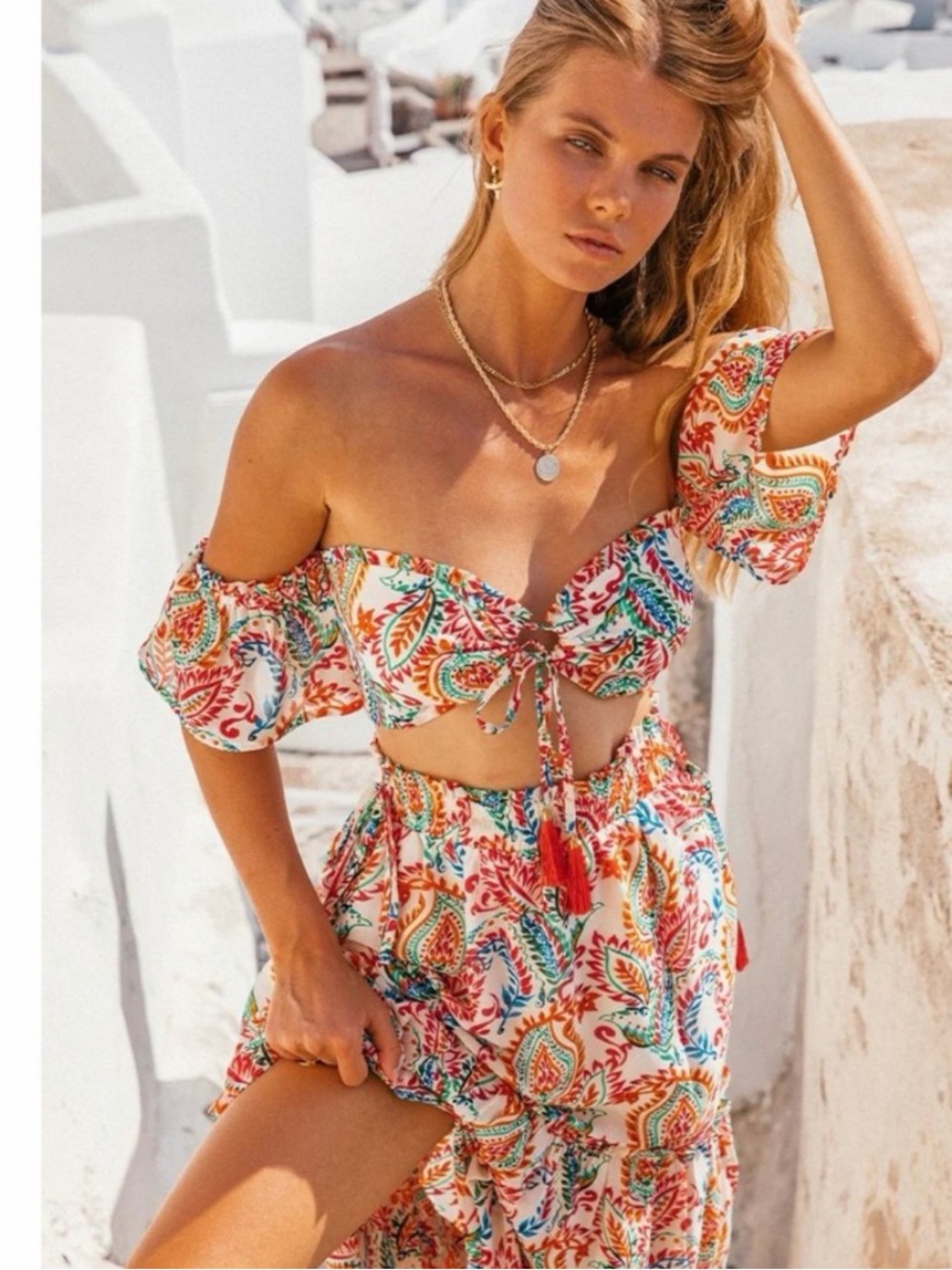 NWOT LUXXEL Bohemian Paisley Two-Piece Set Skirt Top Vacation Summer Outfit S
